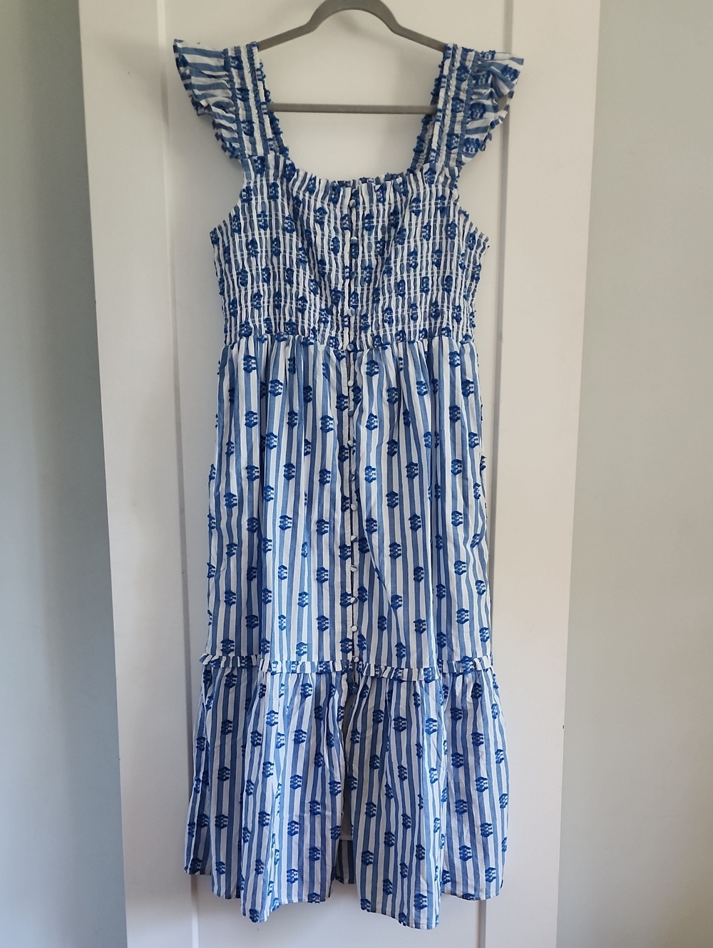 Anthropologie Blue and White Striped Smocked Sundress